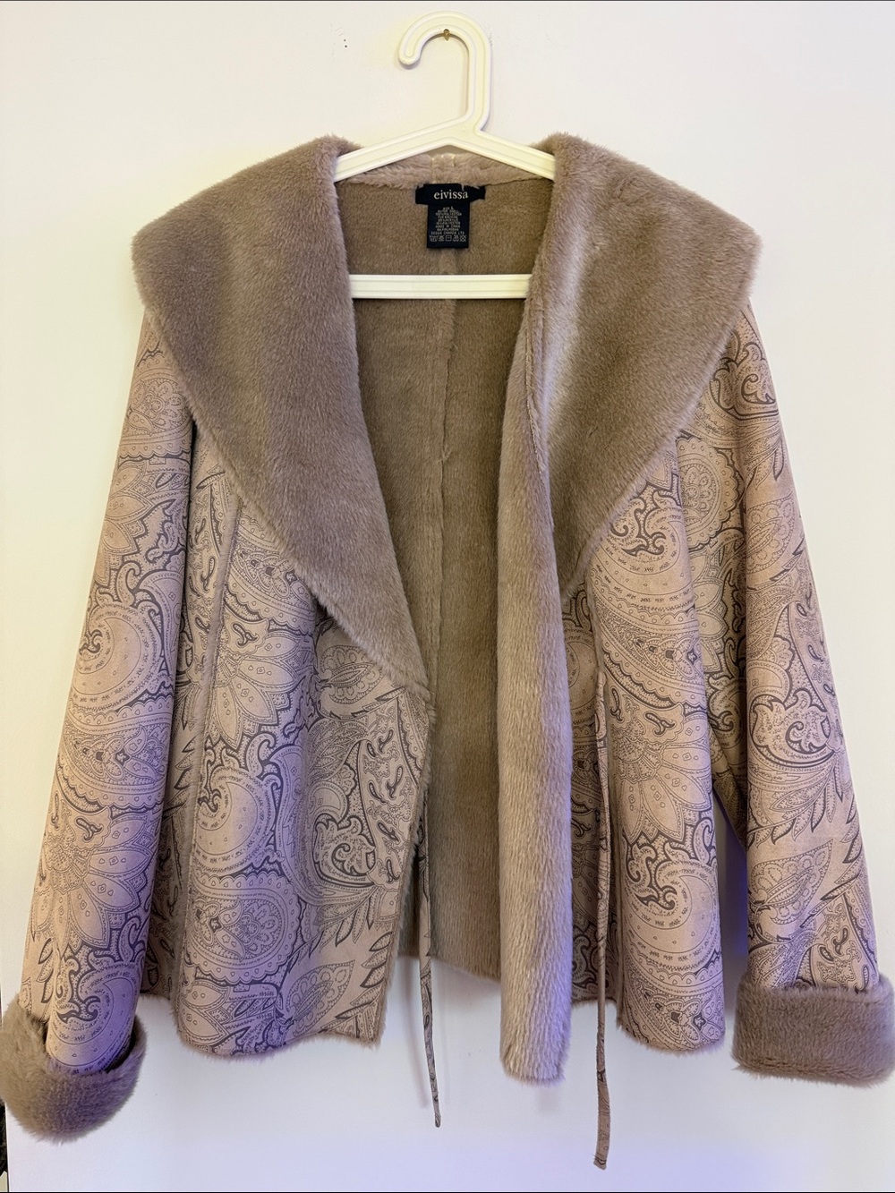 Evisaa Taupe Faux-Fur Hooded Paisley Coat. Vintage